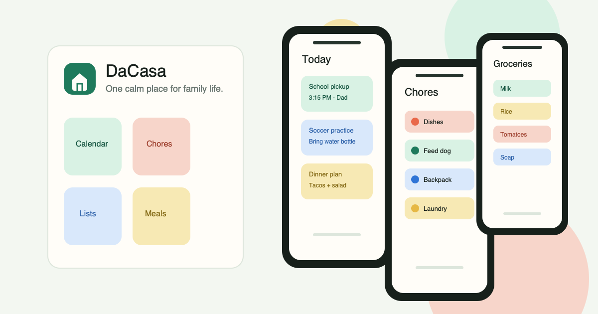 DaCasa app preview showing school calendar planning, routine steps, and shared lists